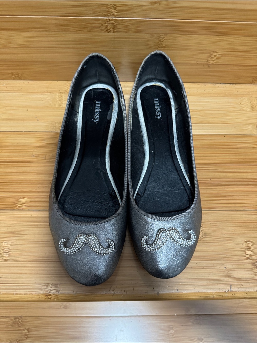 Silver Rhinestone Mustache Ballet Flats